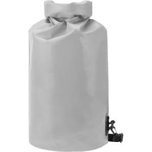 A grey dry bag with a fold-top closure and a side buckle for secure sealing. It features a branding logo.
