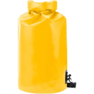 A yellow dry bag with a roll-top closure and a side clip. It includes a branding logo.