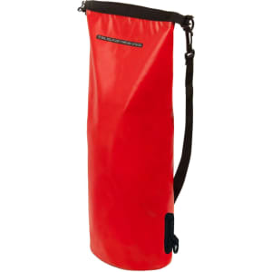A red dry bag with a shoulder strap and a logo, designed for waterproof storage.