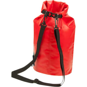 A red dry bag with black straps and clips for secure closure. It features a logo on the front.