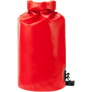 A red dry bag with a roll-top closure and a clip. It features a small logo on the side.