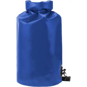 A blue dry bag with a roll-top closure and a clip fastener, featuring a logo.