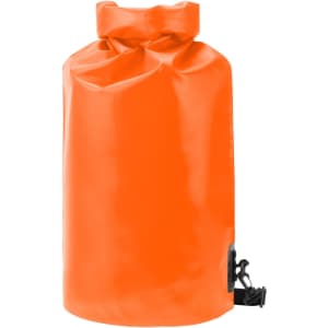 An orange dry bag with a roll-top closure and a black clip for secure fastening. It features a logo on the side.