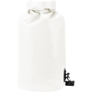 A white dry bag with a roll-top closure and a black buckle strap. It features a logo on the side.