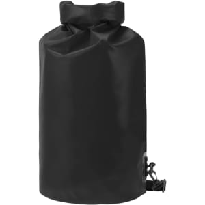 A black dry bag with a roll-top closure and an adjustable strap, featuring a branding logo.