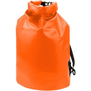 An orange dry bag with a roll-top closure and adjustable straps, featuring a logo.