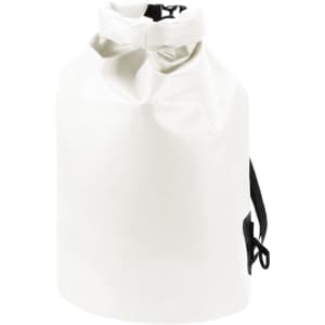 A white dry bag with a black strap, featuring a closure at the top and a logo on the side.
