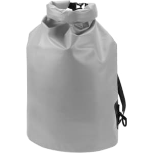 A grey dry bag features a roll-top closure and a side strap for easy carrying. It also has a logo.
