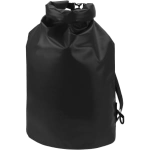 A black dry bag with a roll-top closure and adjustable straps, featuring a logo. Ideal for waterproof storage.