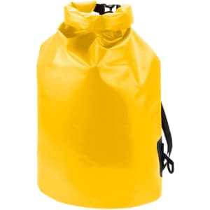 A yellow dry bag with a roll-top closure and a black strap for carrying. It features a logo.
