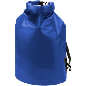 A blue dry bag with a roll-top closure and a black adjustable strap, featuring a logo.