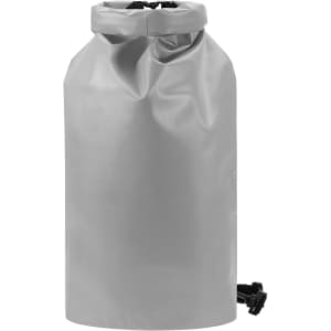 A grey dry bag with a roll-top design and a strap for easy carrying. It features a logo.