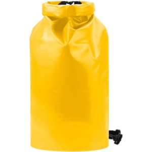 A yellow dry bag with a black secure closure and a branding logo on the surface.