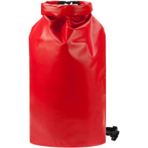 A bright red dry bag with a roll-top closure and adjustable strap, featuring a branded logo.