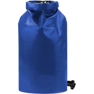 A blue dry bag with a roll-top closure and black strap, featuring a simple design and a logo.