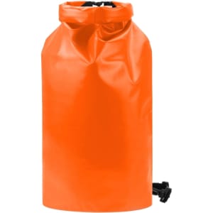 An orange dry bag with a roll-top closure and a black strap. It features a logo.