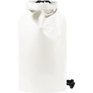 A white dry bag featuring a roll-top closure and a black clip. It has a branding logo on the surface.