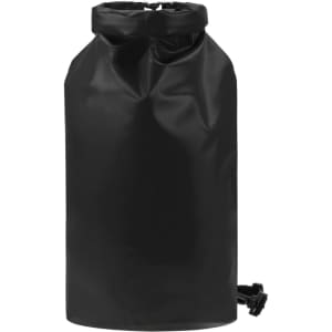 A black dry bag with a roll-top closure and an adjustable strap. It features a logo.