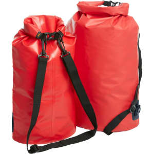 Two red dry bags, one larger and one smaller, featuring adjustable straps and a closure system.