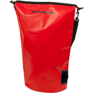 A red dry bag with a sleek design, featuring a shoulder strap and a logo on the side.
