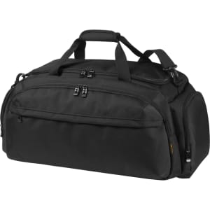 A black duffle bag featuring multiple zip compartments and sturdy carry handles, with a logo on the side.