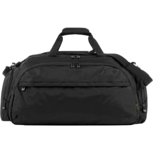 A black duffle bag with dual handles, a shoulder strap, and multiple zippered compartments. It features a logo.