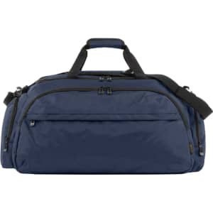 A navy duffle bag with multiple zippered compartments and dual handles, featuring an adjustable shoulder strap and a logo.