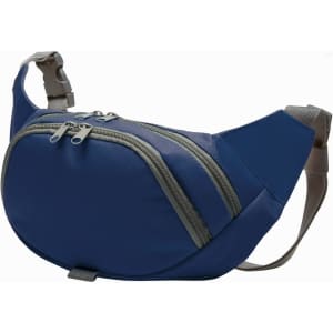 A navy blue waist bag with two zippered compartments and an adjustable strap, featuring a logo.
