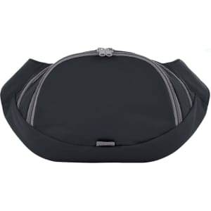 A black waist bag featuring two zippered compartments and a sleek design, with a small loop for attachment.