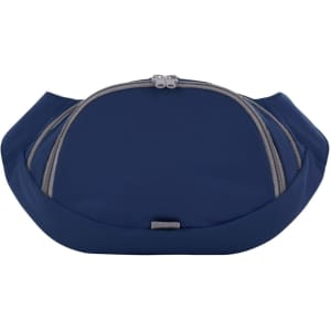 A navy blue bum bag with two zippered compartments, featuring a sleek design and a subtle logo.