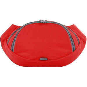 A red waist bag with two zippered compartments and a sleek design. It has a logo on the front.