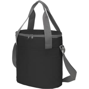 A black cooler bag with grey straps and a zippered top, featuring an exterior pocket and an adjustable shoulder strap.
