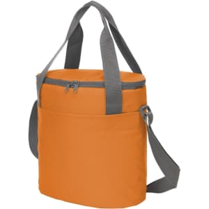 An orange cooler bag with a zippered top, grey straps, and a front pocket. It features a logo.