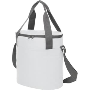 A white cooler bag with grey straps and a zippered top, featuring a simple design. It includes a logo.