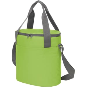 A green cooler bag with a zippered top, short handles, and a detachable shoulder strap. It features one front pocket.