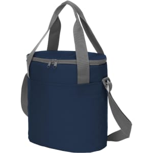 A navy cooler bag with grey straps, featuring a zippered main compartment and a front pocket. It has a logo.