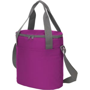 A purple cooler bag with grey straps and a zippered top, featuring an exterior pocket and a logo.