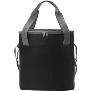 A black cooler bag with grey straps and a zippered top, featuring an exterior pocket and a logo.