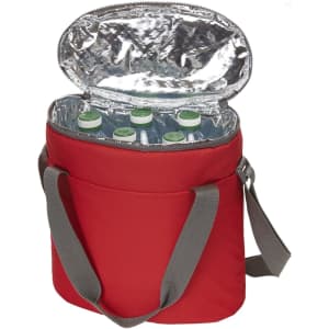 A red cooler bag with a grey strap, featuring an insulated interior that holds multiple drink bottles.