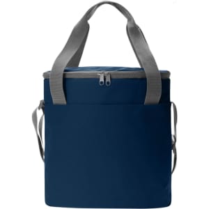 A navy cooler bag with grey straps and a zip closure, featuring a front pocket and a simple design.