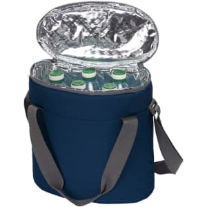 A cooler bag in navy blue with a silver insulated interior and filled with drink bottles. It features a grey strap and has a logo.
