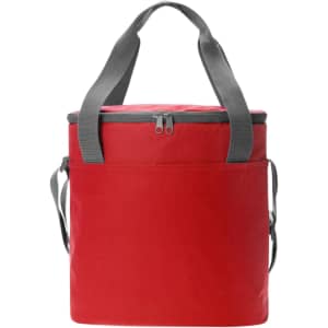 A red cooler bag with grey straps and a zip closure, featuring an exterior pocket and a simple design.
