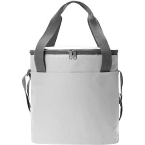 A grey cooler bag with a zippered top and shoulder straps, featuring a front pocket and a logo.