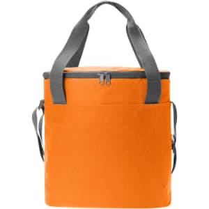 An orange cooler bag with grey straps and a zippered top, featuring an exterior pocket.
