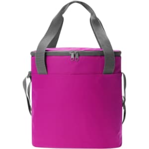 A cooler bag in vibrant pink with grey straps and a zippered top compartment. It features a side pocket and a logo.