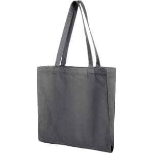 A grey tote bag with long handles, featuring a simple design and a branding logo.