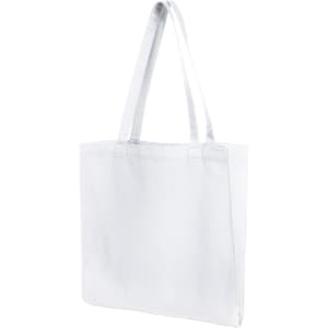 A white tote bag with two sturdy handles and a simple design. It features branding on one side.