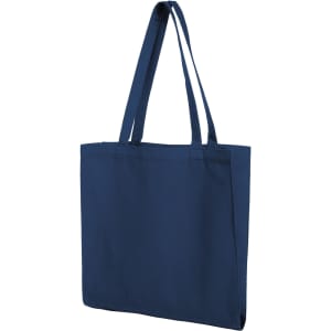 A navy tote bag with two handles and a simple design. It has a logo on one side.