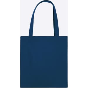 A blue tote bag with two sturdy handles and a simple, unembellished design. It has a logo on it.