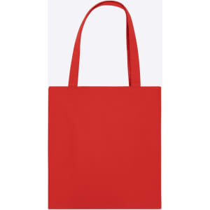 A red tote bag with two handles and a simple design. It features a logo on one side.